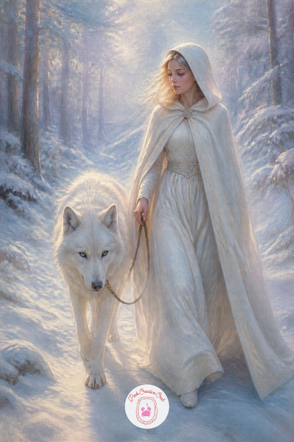 Girl in a White Cloak Walking a White Wolf — A girl in a white cloak walking a white wolf pairs two similar pale shapes, so the trick is separating them