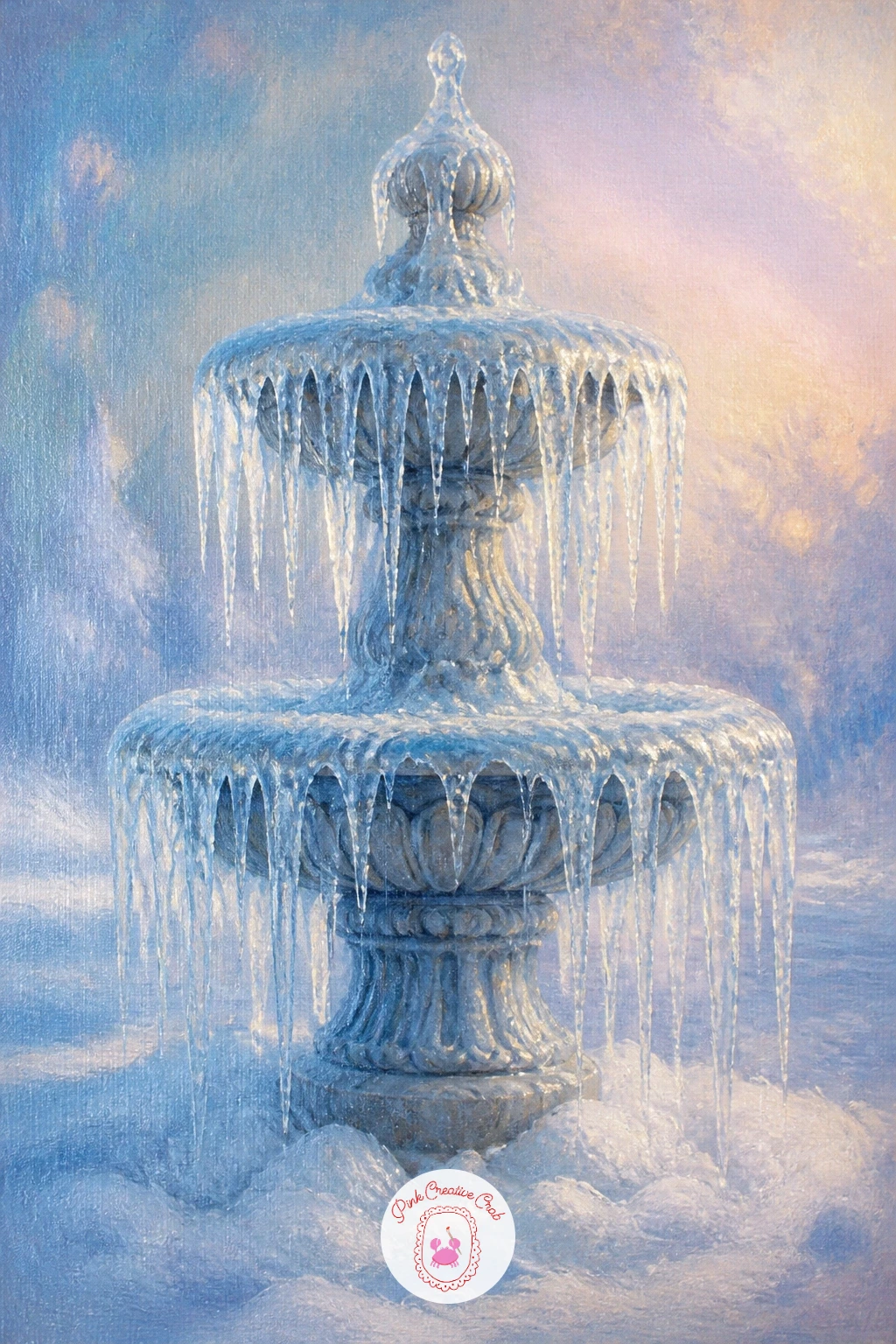 Frozen Fountain With Icicles — A frozen fountain with icicles is a good one for practicing hard edges after all that softness, since icicles need crisp