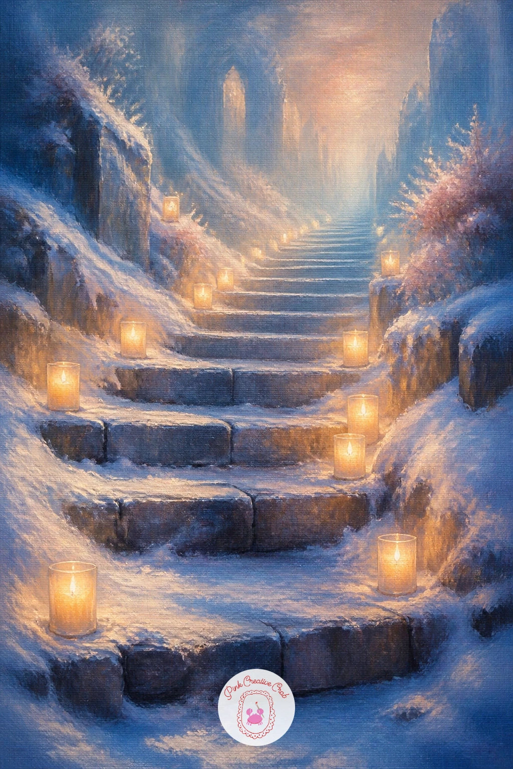 Snowy Staircase With Candles — A snowy staircase with candles turns a simple architectural shape into something quietly romantic through light alone. Winter