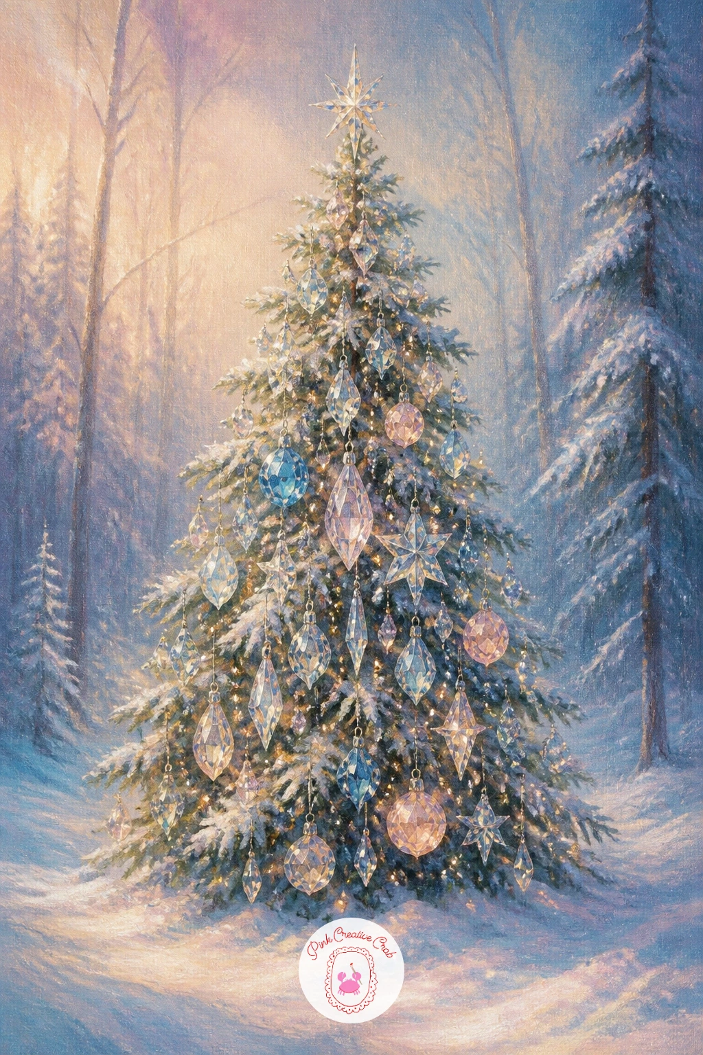 Tree of Crystal Ornaments in a Forest — A tree of crystal ornaments in a forest lets you treat a plain pine tree as a canvas for tiny points of light. Winter