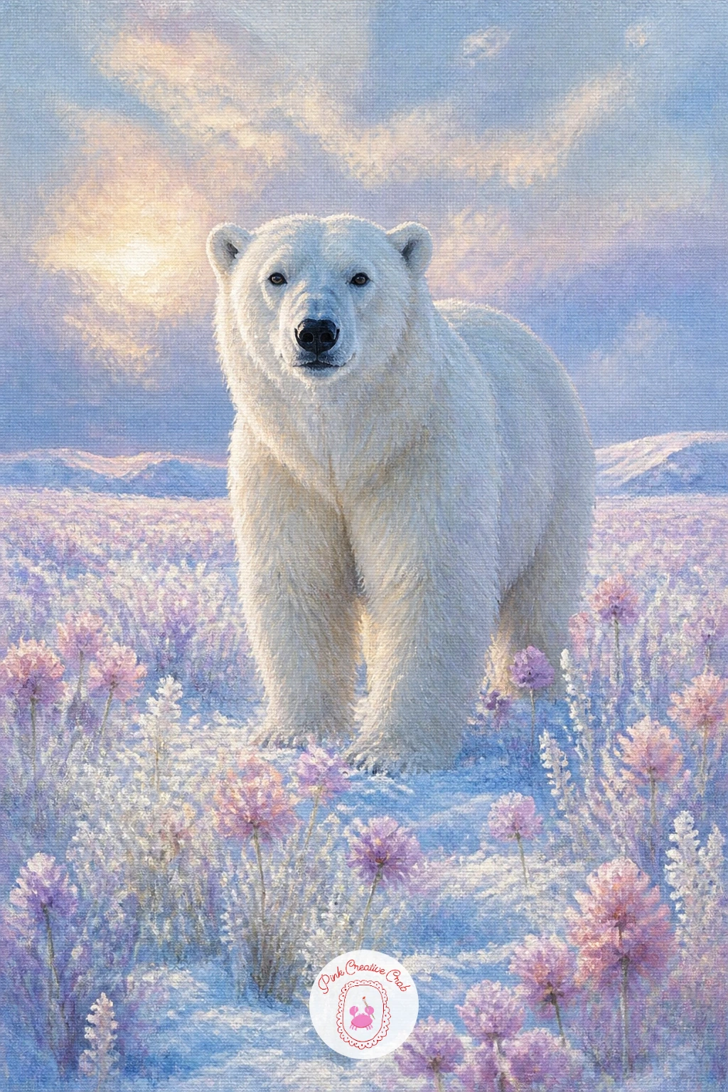 Polar Bear in a Field of Snowy Flowers — A polar bear in a field of snowy flowers mixes something unexpected into the palette, since this is the moment to let