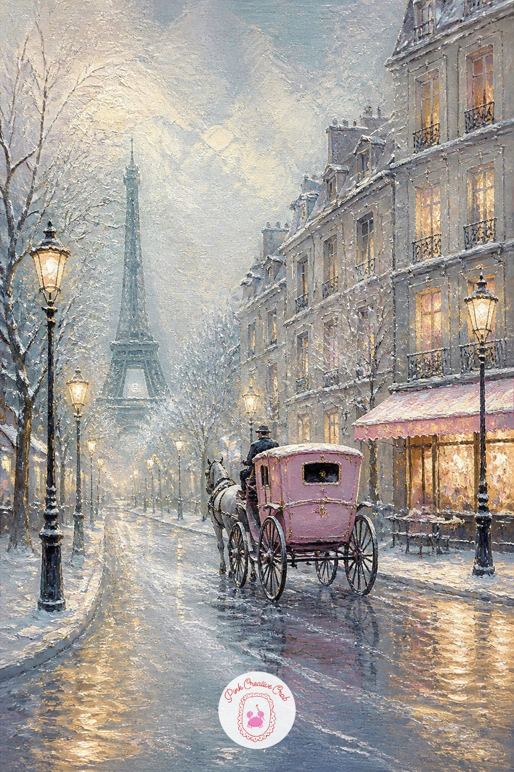 Snowy Paris Street With a Pink Carriage — A snowy Paris street with a pink carriage is the one to reach for if you love painting buildings, since rows of