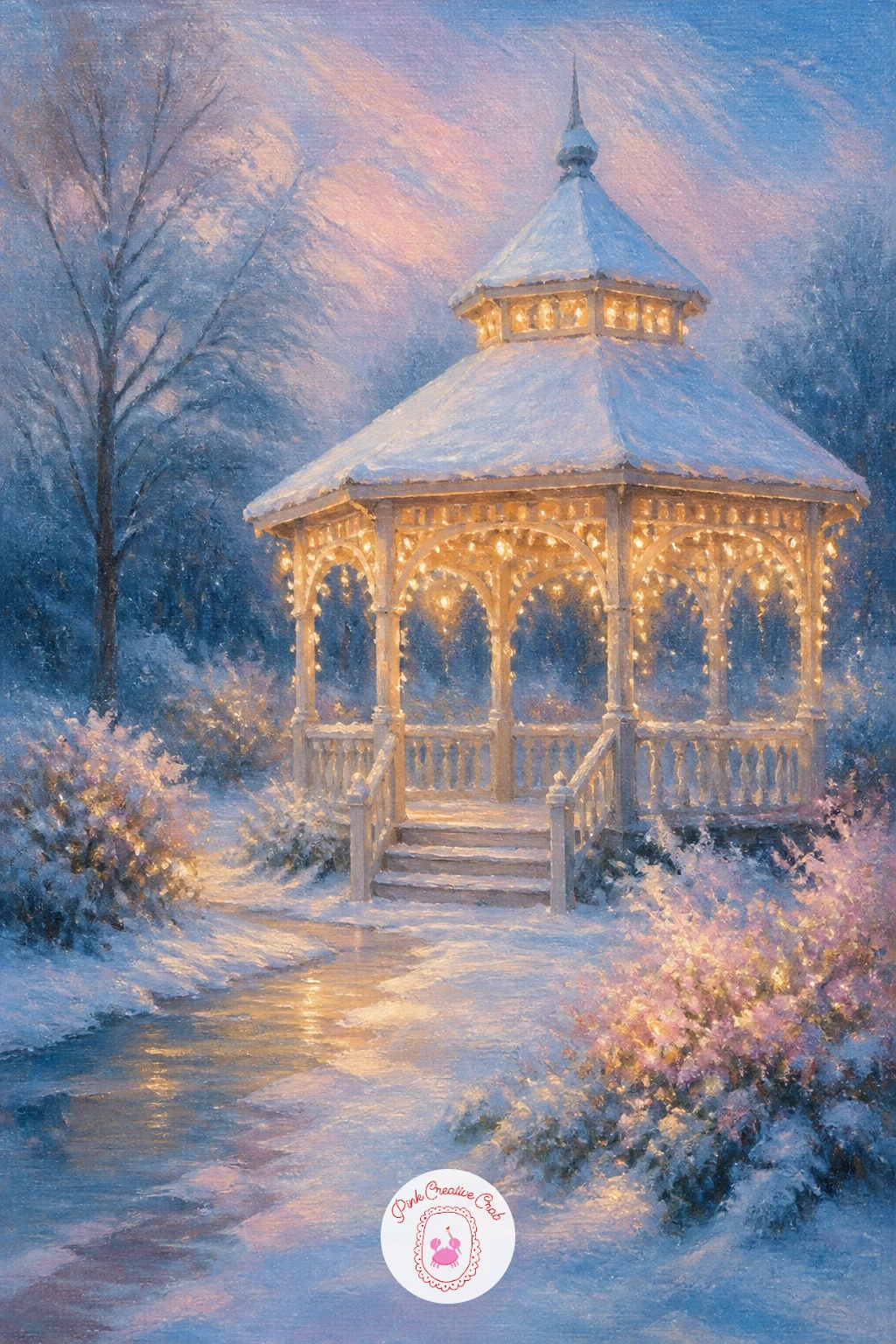 Gazebo With Fairy Lights in Snow — A gazebo with fairy lights in snow is a gentler architectural subject than the Paris street, built almost entirely from