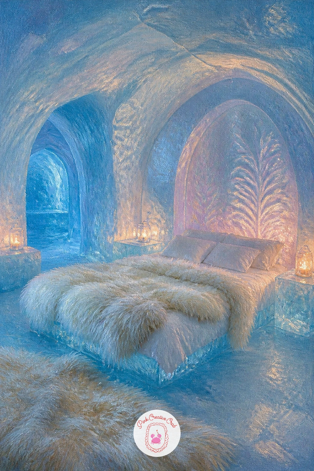 Ice Hotel Bedroom With Fur Blankets — An ice hotel bedroom with fur blankets turns indoors, which is a nice change after so many outdoor scenes, and it is