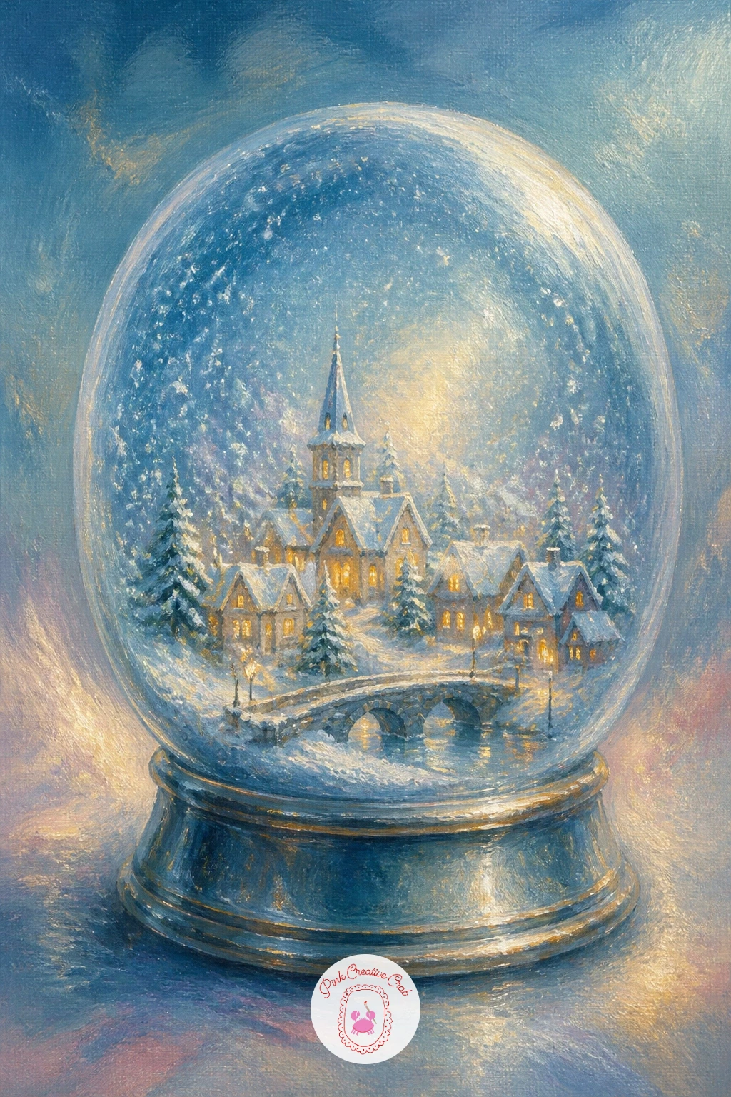 Snow Globe World With a Tiny Town — Following the swan's stillness with something more playful, a snow globe world with a tiny town is really two paintings in