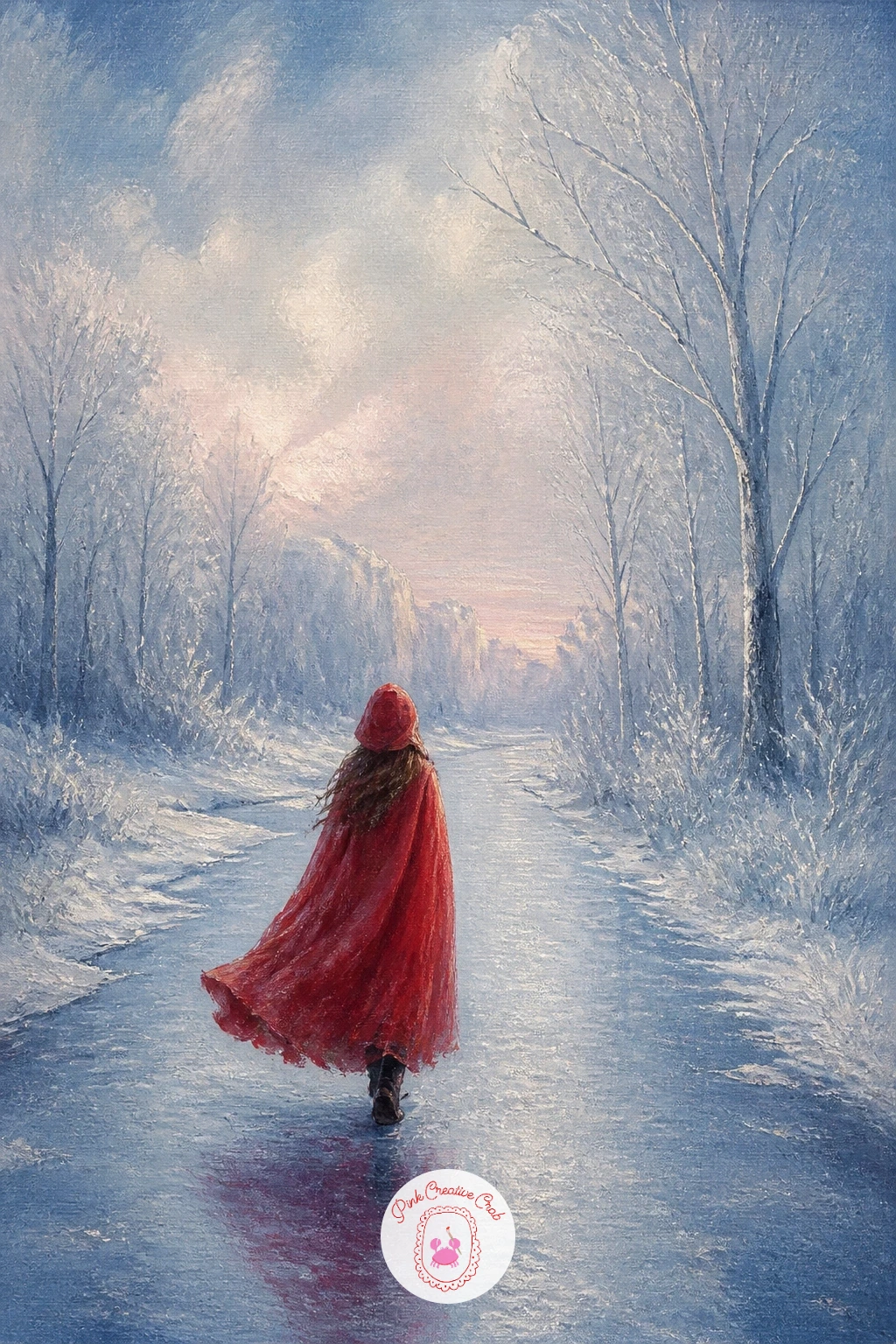 Girl in a Red Cape on a Frozen Path — After the wide mountain view, a girl in a red cape on a frozen path brings the focus back down to a single warm note