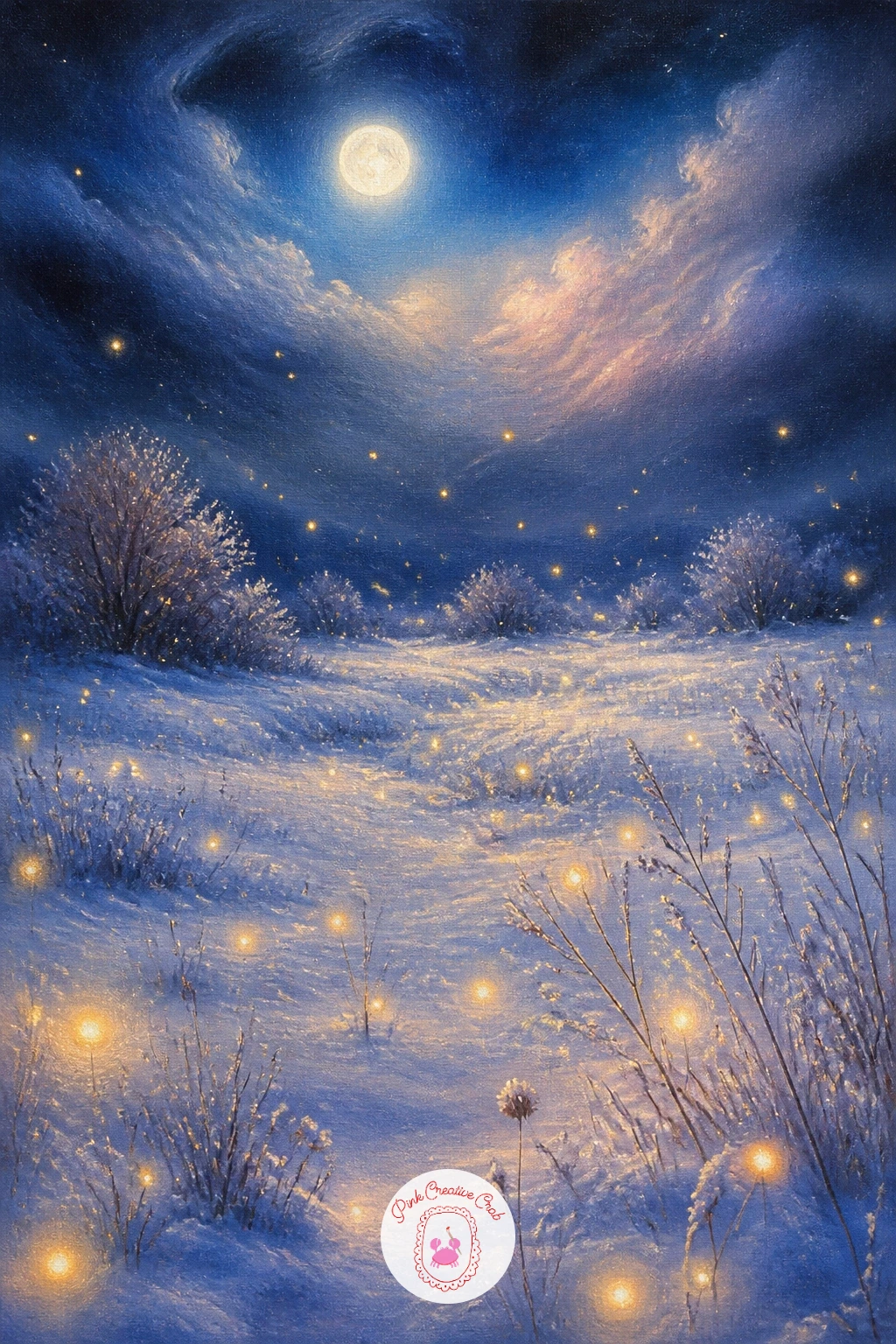Moonlit Snowy Meadow With Fireflies of Light — A moonlit snowy meadow with fireflies of light turns night into something glowing rather than dark, which asks