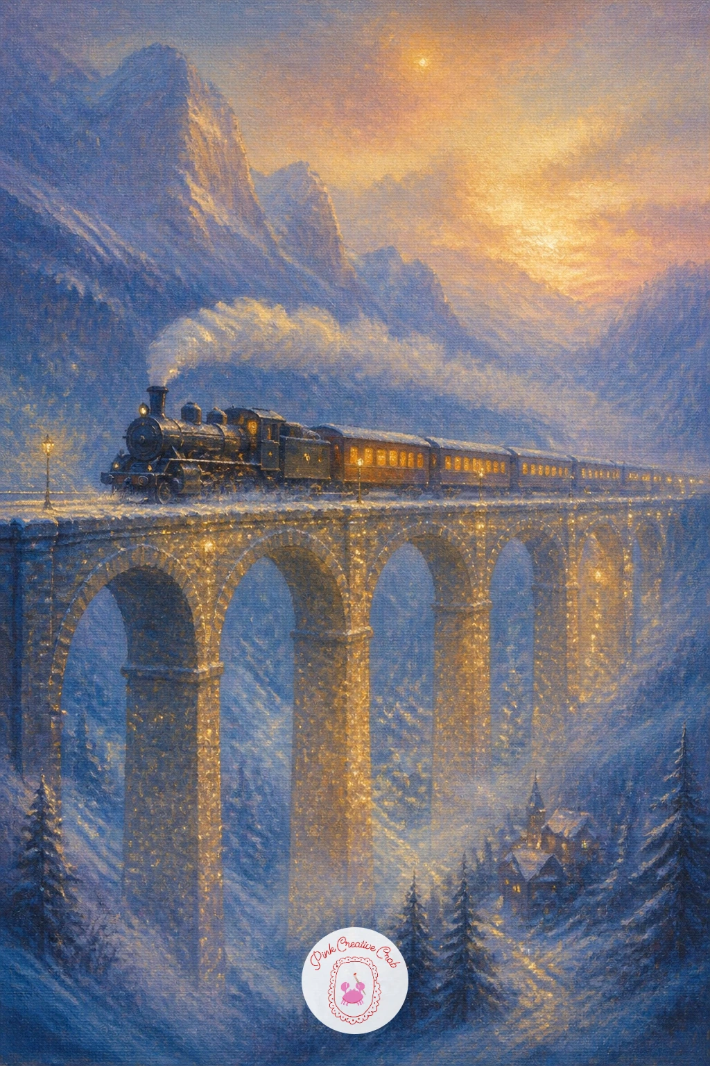 Train Crossing a Glittering Viaduct — A train crossing a glittering viaduct brings a strong structural line into the composition after the soft meadow, so