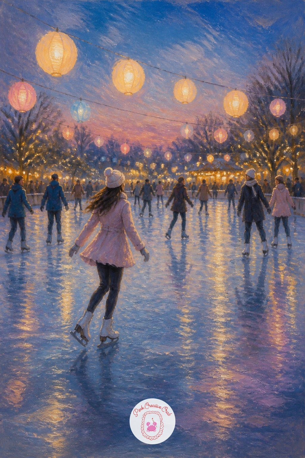 Ice Skating Party With Lanterns — An ice skating party with lanterns brings several of the earlier tricks together: skaters, ice, and warm glowing light all in