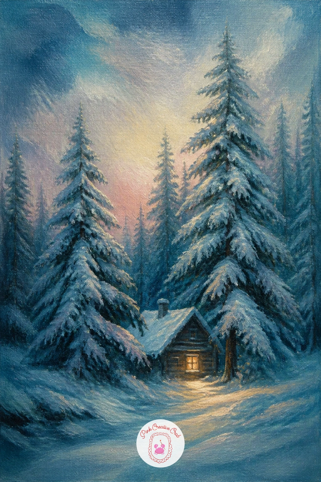 Cabin Hidden in Giant Snowy Pines — A cabin hidden in giant snowy pines scales everything up, since the trick here is making the trees feel enormous beside a