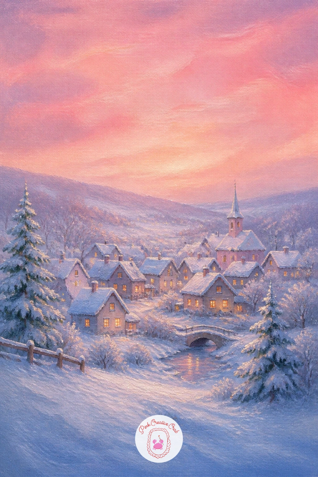 Snowy Village Under a Pink Sky — A snowy village under a pink sky steps back from the grand ballroom into something smaller and homelier, built mostly from