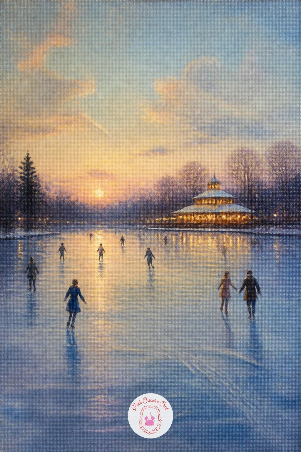 Lake With Skaters and a Lit Pavilion — A lake with skaters and a lit pavilion gathers several earlier techniques, ice, figures, and glowing architecture, into