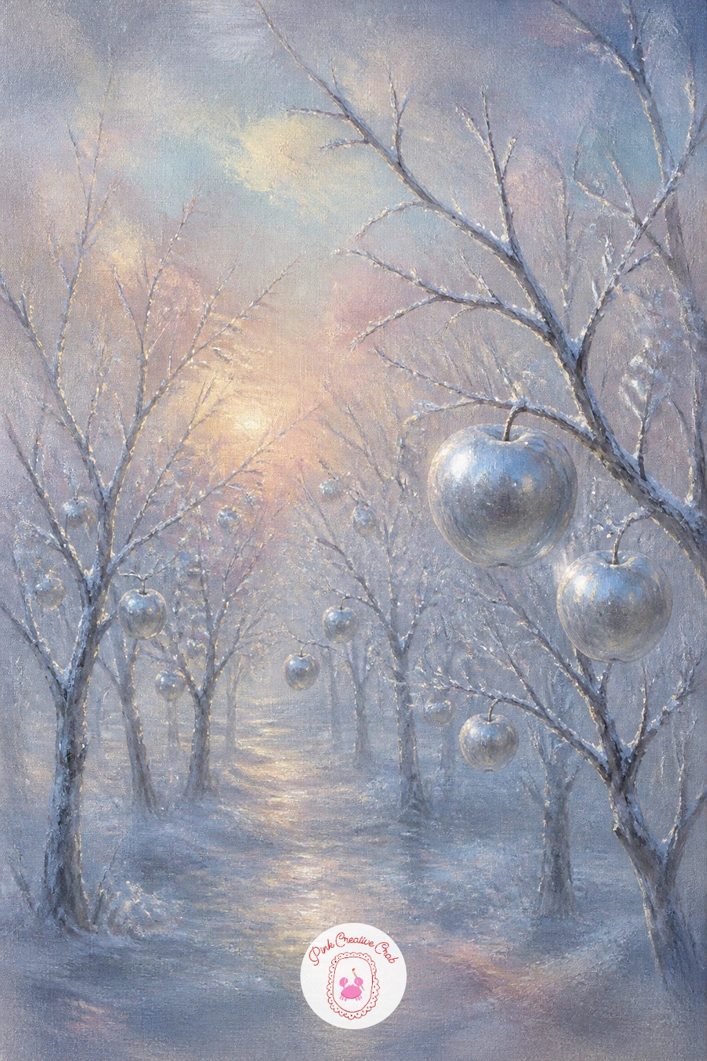 Frozen Orchard With Silver Apples — A frozen orchard with silver apples is a quietly surreal subject, perfect for a little dry brush practice on the frosted