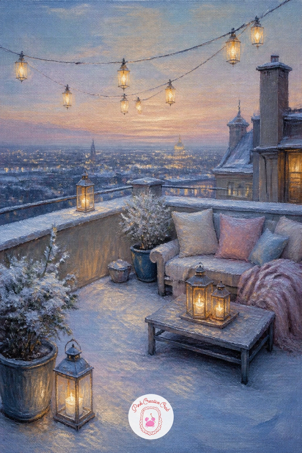 Snowy Rooftop Terrace With Lanterns — Closing out the list, a snowy rooftop terrace with lanterns brings the whole palette back together in one cozy final