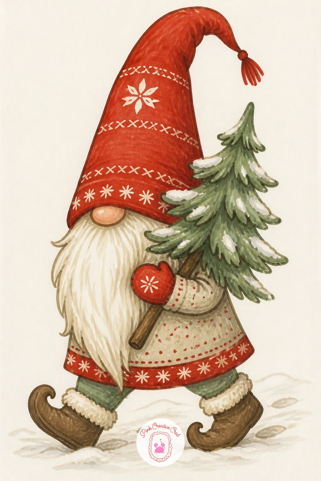 Gnome Carrying a Tiny Tree Through Snow — Start the easiest way in: a gnome carrying a tiny tree through snow is really just a cone hat, a rounded coat and one