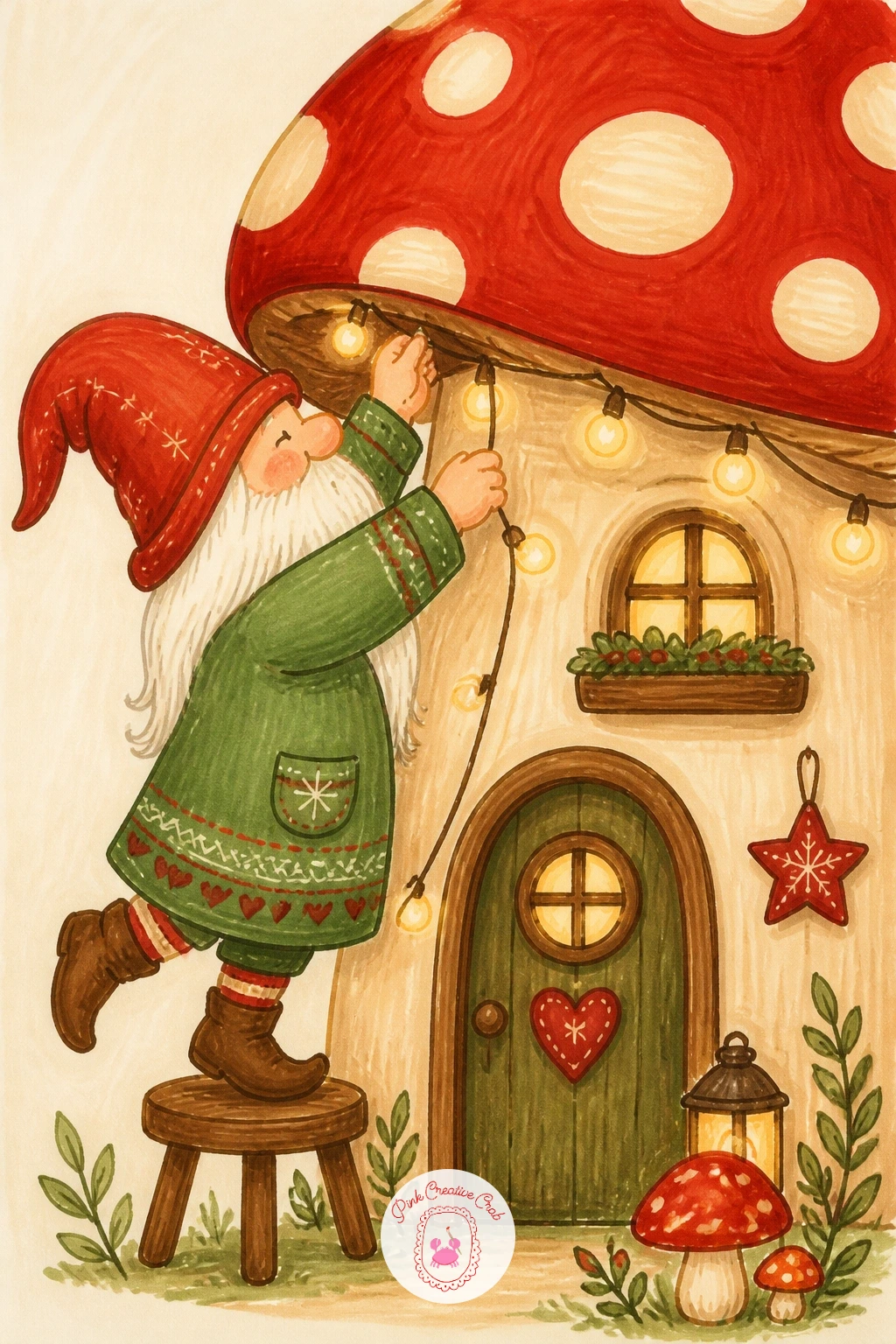 Gnome Stringing Lights on a Mushroom House — Stringing lights on a mushroom house moves you from gnome-only subjects into a tiny gnome home, so give yourself a