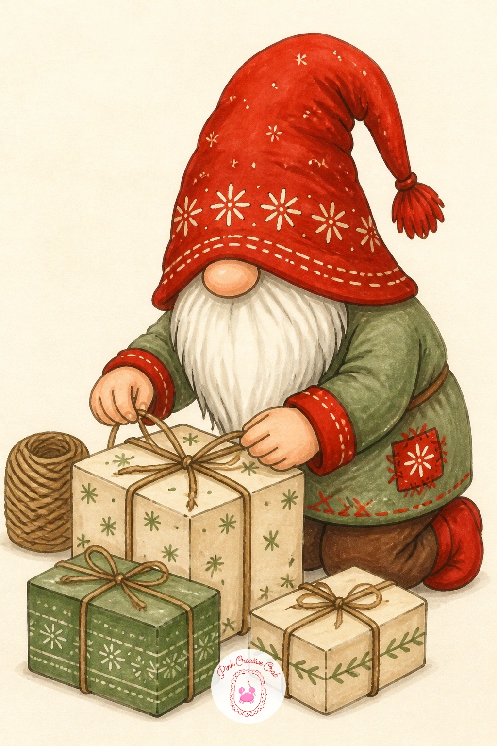 Gnome Wrapping Presents With Twine — Wrapping presents with twine keeps the whole drawing close to the ground, a seated gnome surrounded by a few small wrapped