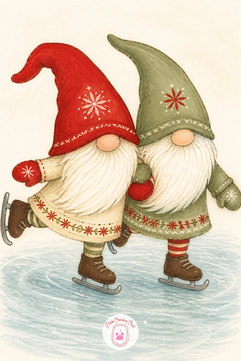 Two Gnomes Ice Skating — Two gnomes ice skating brings in a bit of leg and arm movement, more than you have drawn so far, so keep both figures simple even as