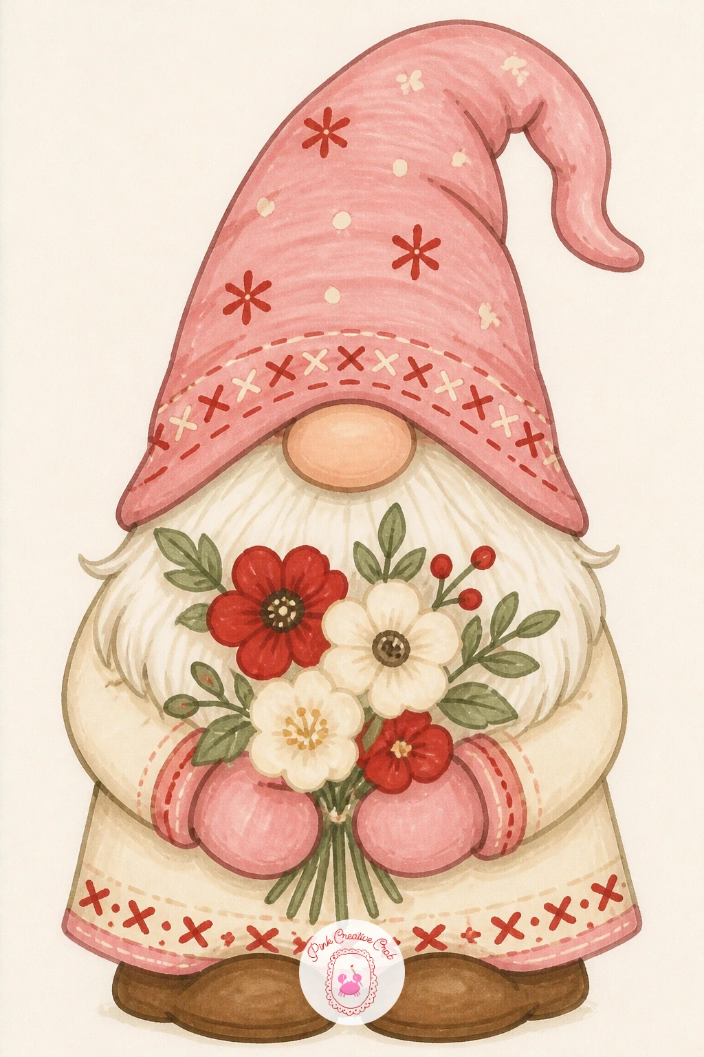 Gnome in a Pink Hat Holding a Bouquet — After a page of reds, a gnome in a pink hat holding a bouquet is a nice colour break, and it is one of the simplest