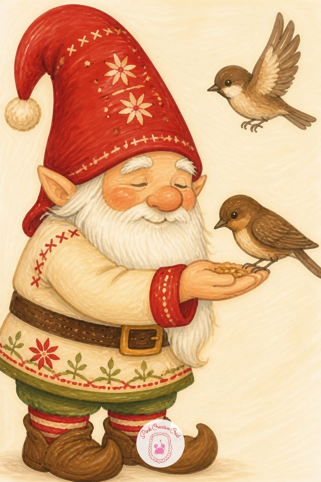Gnome Feeding Birds — Feeding birds is a quiet little scene, a gnome standing still with one hand outstretched and a bird or two nearby, so the challenge is