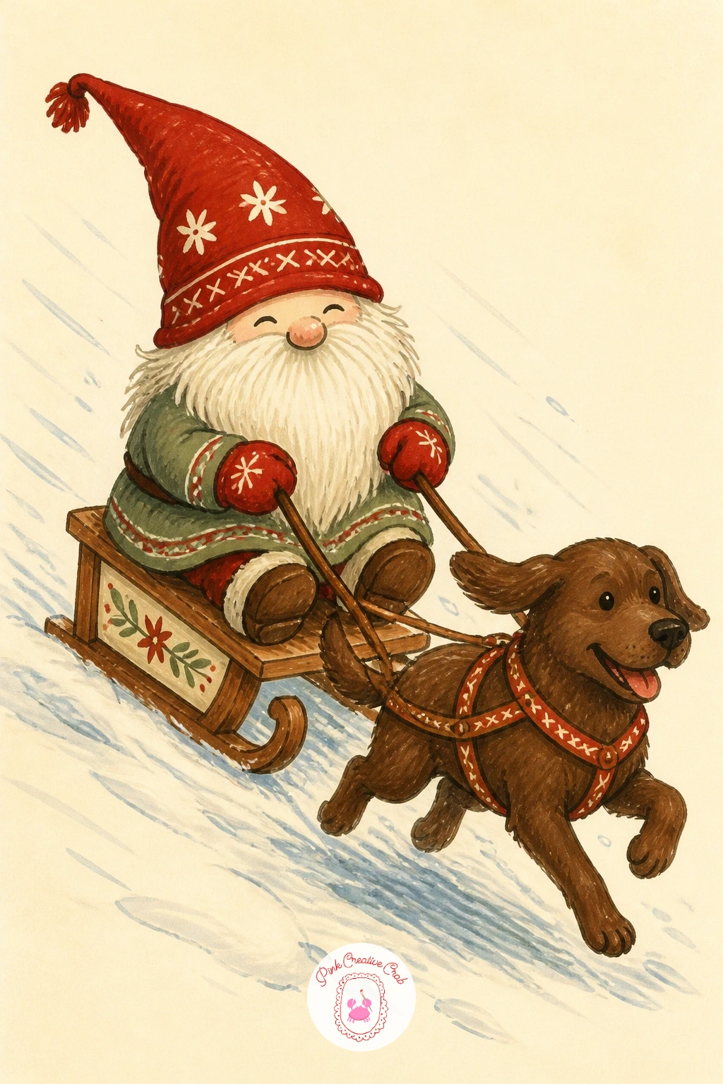 Gnome on a Sled With a Dog — A gnome on a sled with a dog is one of the liveliest scenes in this set, and you have already drawn foxes and birds, so a simple