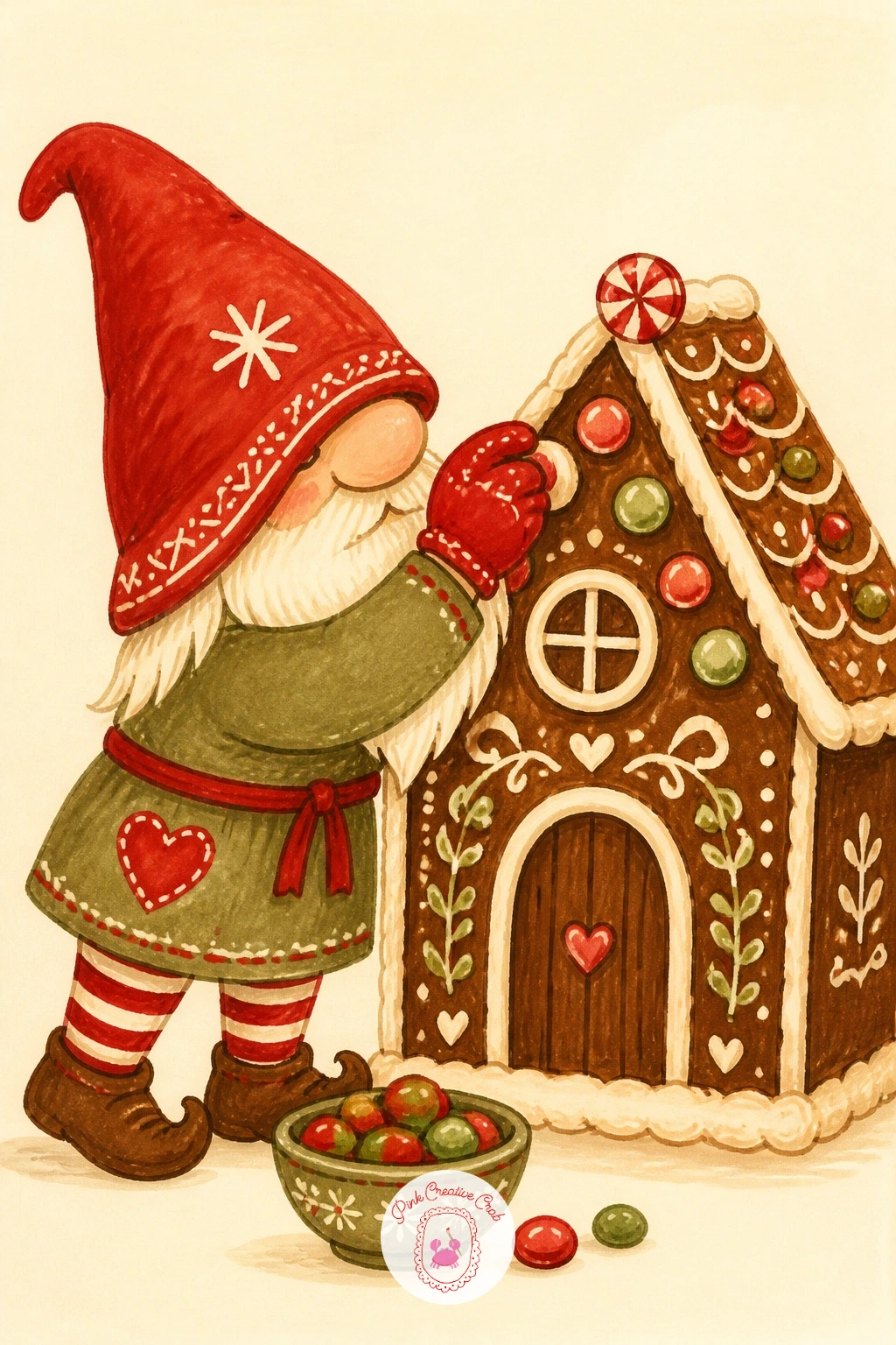 Gnome Decorating a Gingerbread House — For the gingerbread house scene, let the house take up roughly half the page so the gnome has something properly large