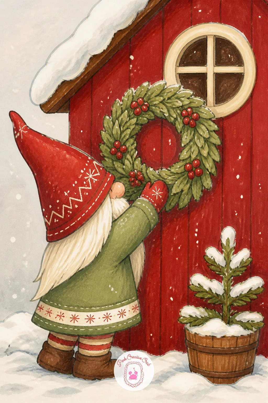 Gnome Hanging a Wreath on a Red Cottage — Hanging a wreath on a red cottage brings back the small-scene approach from the mushroom house, this time with a