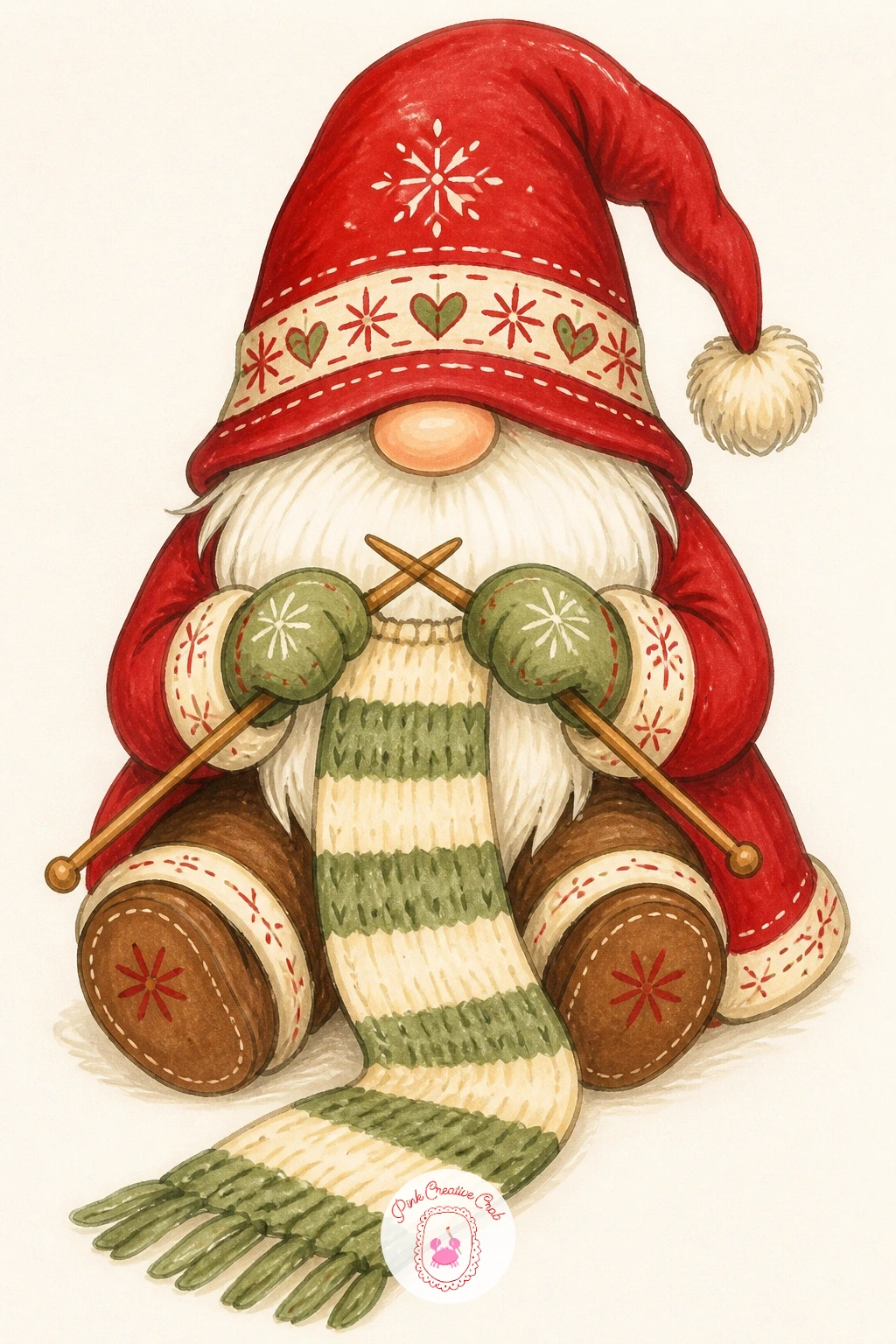 Gnome Knitting a Scarf — Knitting a scarf is one of the calmest poses here, a seated gnome with two knitting needles and a long scarf trailing across his lap.