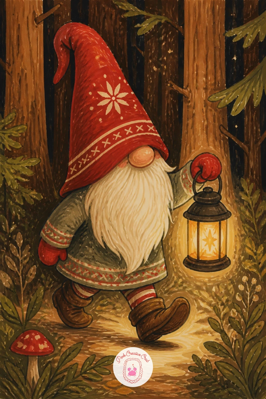 Gnome With a Lantern in the Forest — A gnome with a lantern in the forest shifts the light source to a handheld lantern rather than a fixed candle, which