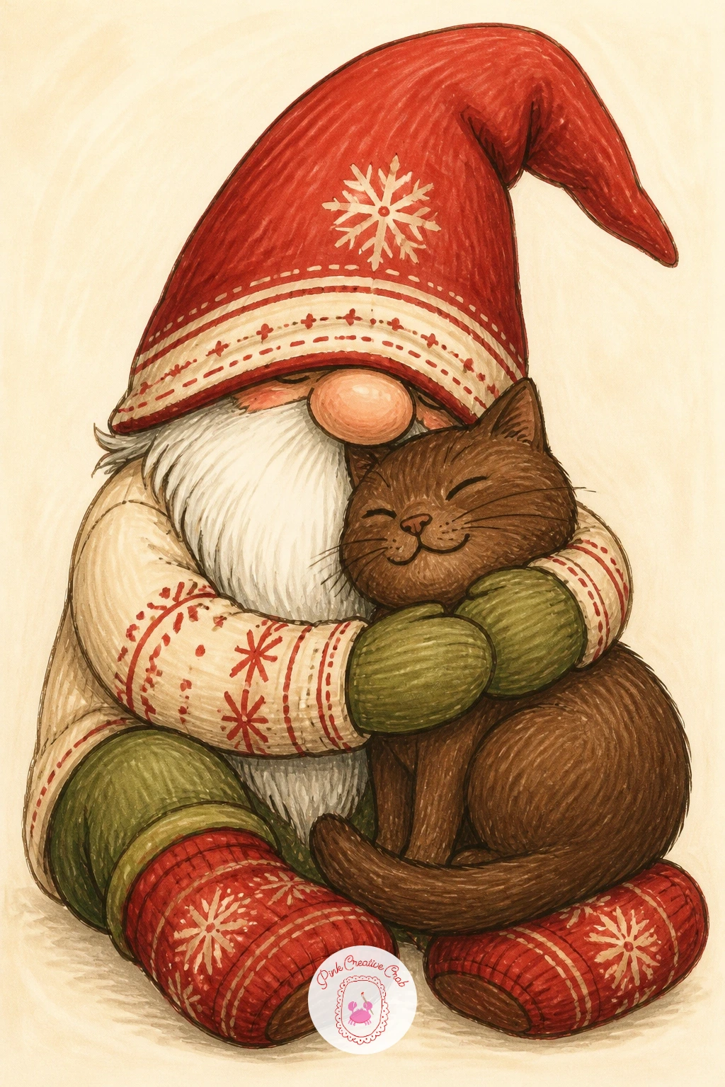 Gnome Hugging a Cat — Hugging a cat is a sweet, simple pose: a gnome with both arms wrapped around a seated cat roughly his own size. Christmas gnomes drawing