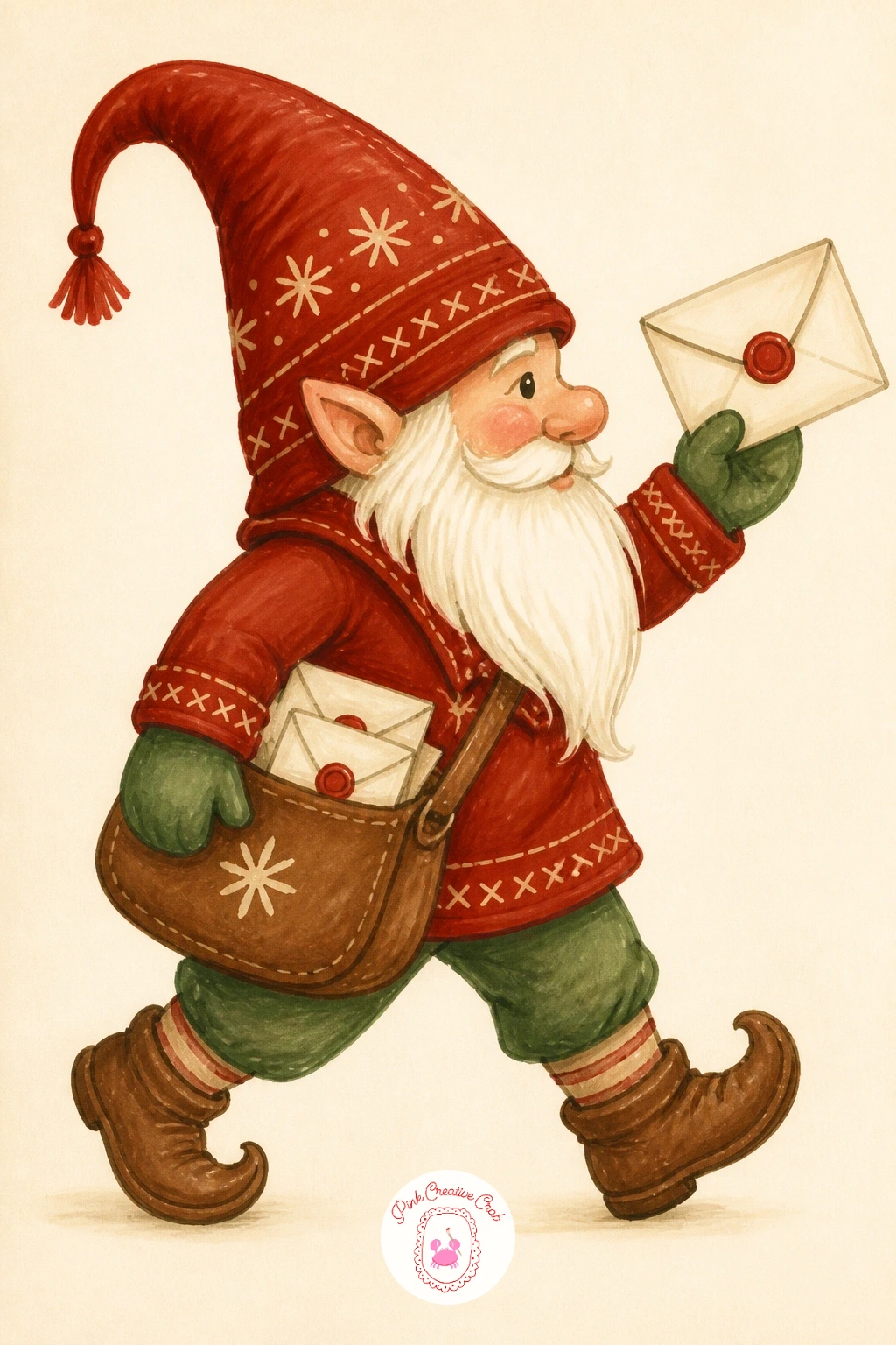 Gnome Delivering Letters — Delivering letters is a nice bridge into a slightly more active pose, a gnome mid-stride with a small satchel and an envelope in