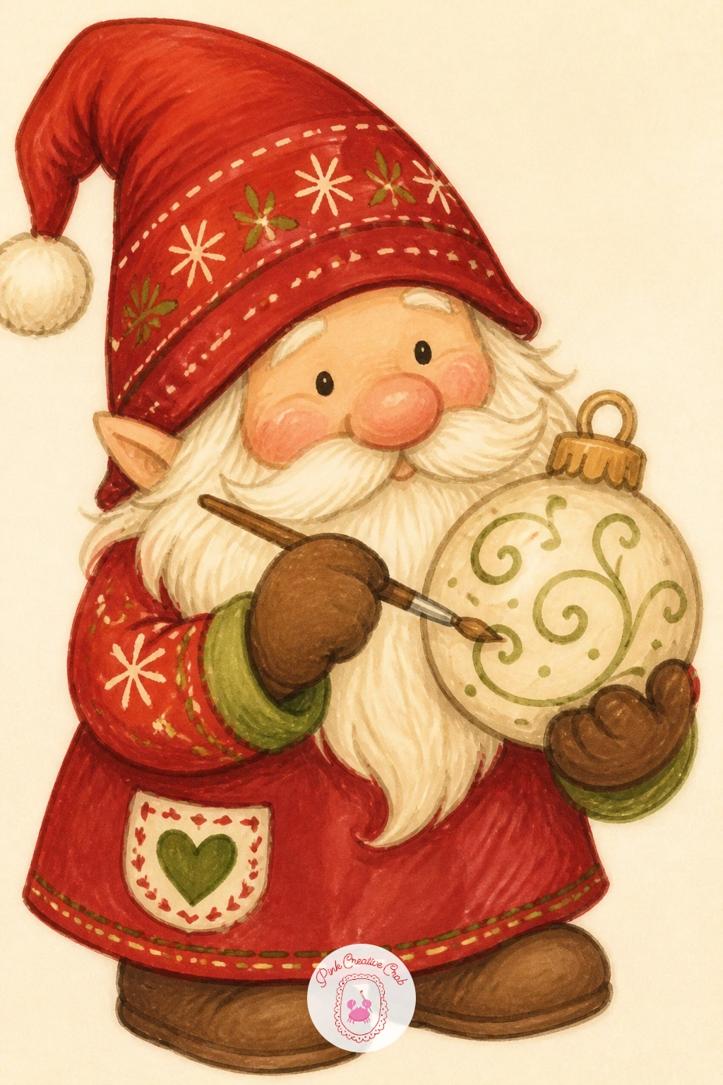 Gnome Painting Ornaments — Painting ornaments sits a gnome at a small table with a round ornament in one hand and a tiny brush in the other, close in spirit to
