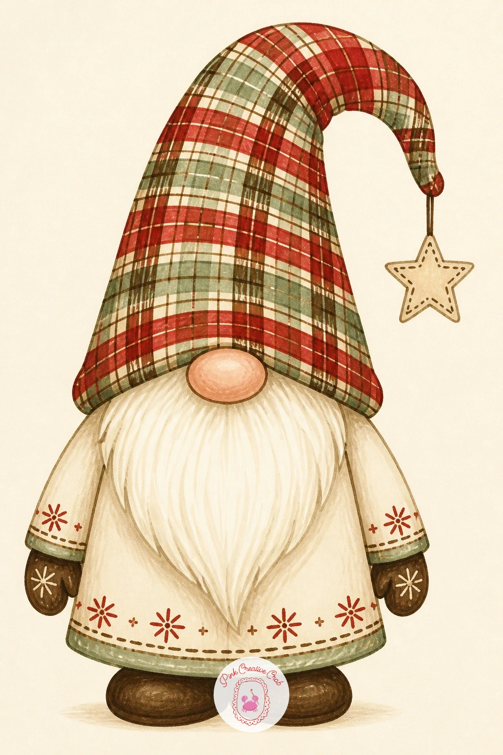 Gnome in a Tartan Hat — A gnome in a tartan hat is really a lesson in pattern on a small, forgiving shape, since the hat is one simple cone you can practice on
