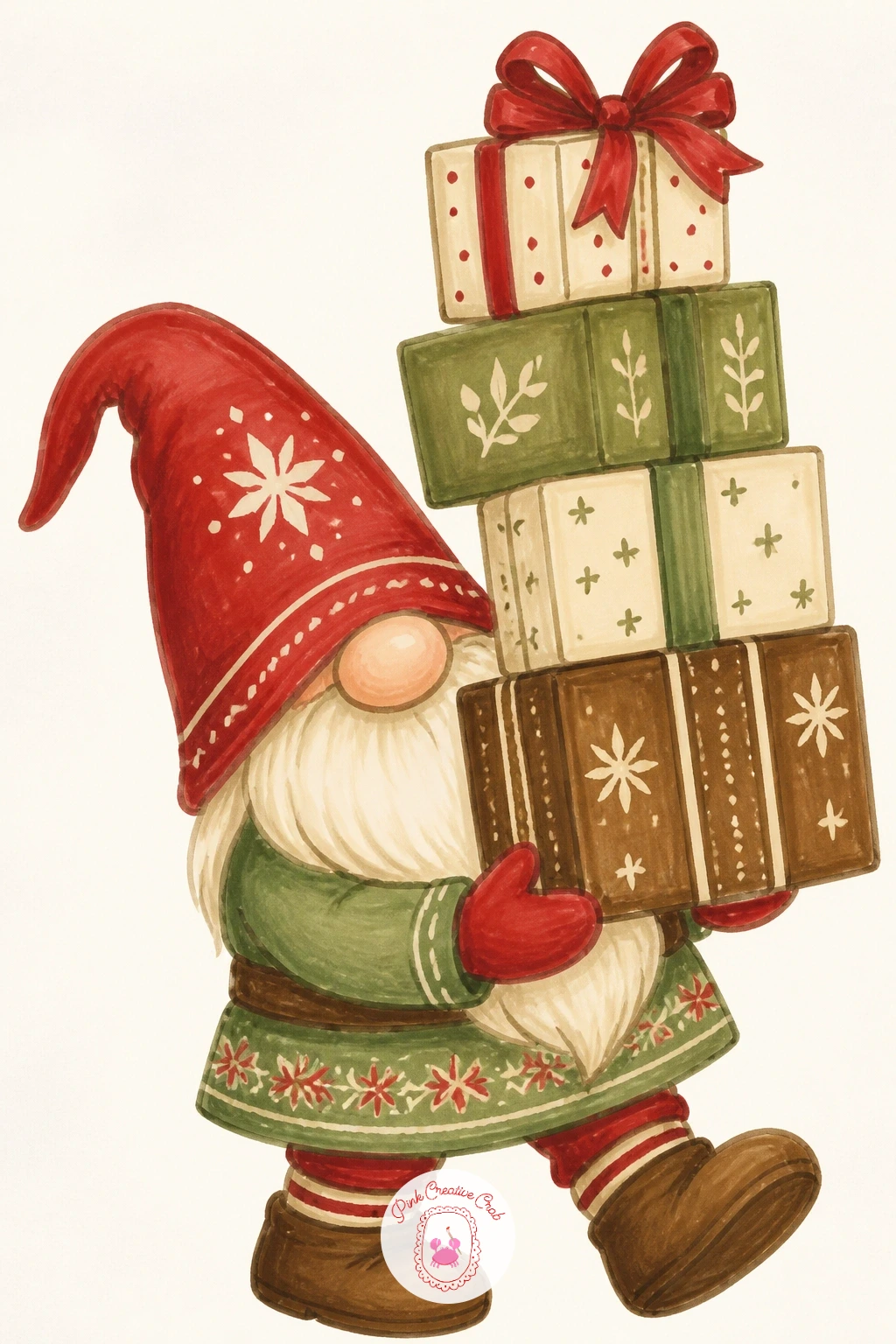 Gnome Carrying a Stack of Presents — Carrying a stack of presents piles three or four gift boxes up past the gnome's own head, so this is a good moment to