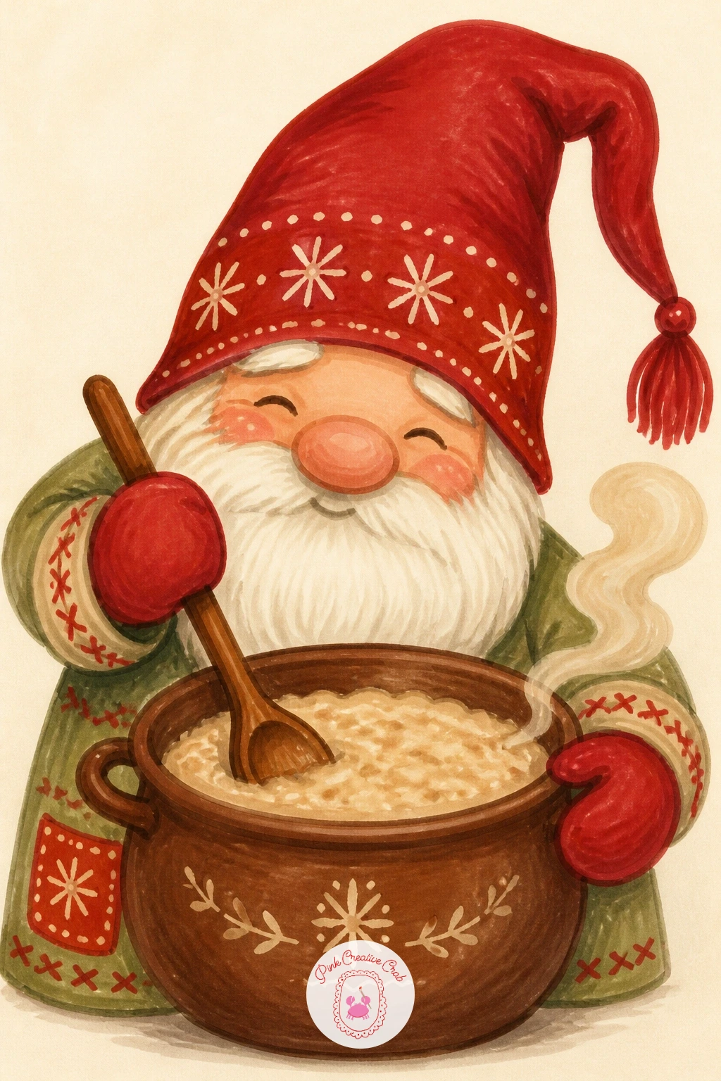 Gnome Stirring Porridge — Stirring porridge brings the kitchen theme back, this time with a gnome standing at a small pot on a stove rather than a baking