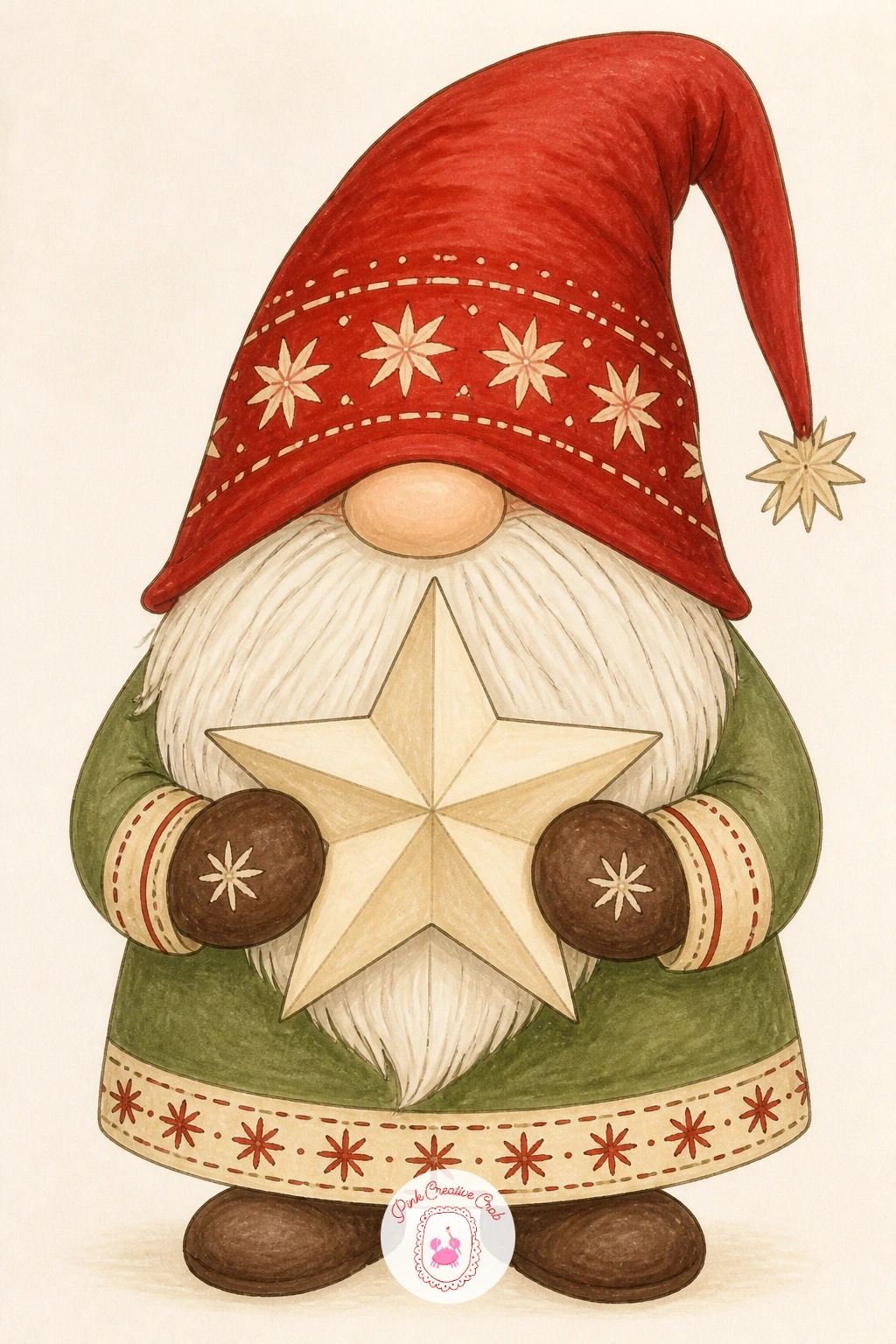 Gnome Holding a Paper Star — Holding a paper star is a simple standing pose built around one flat prop, a five-pointed star held up at chest height with both