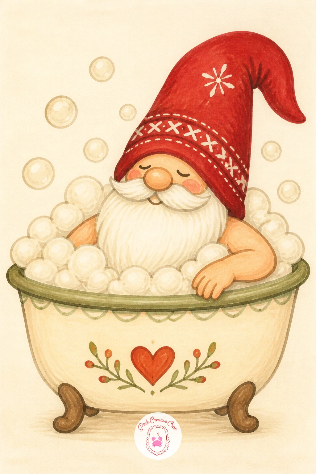 Gnome in a Bubble Bath — A gnome in a bubble bath is a cozy, funny little scene, just his head and hat poking out of a round tub filled with soft white