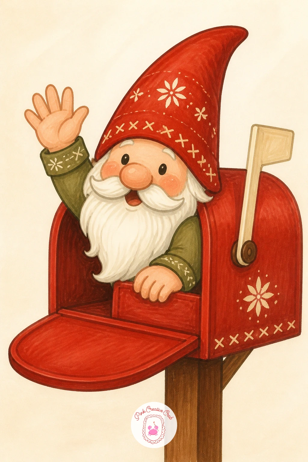 Gnome Waving From a Mailbox — Waving from a mailbox closes the set on a bright, simple note, a gnome popped halfway out of a small mailbox with one arm raised
