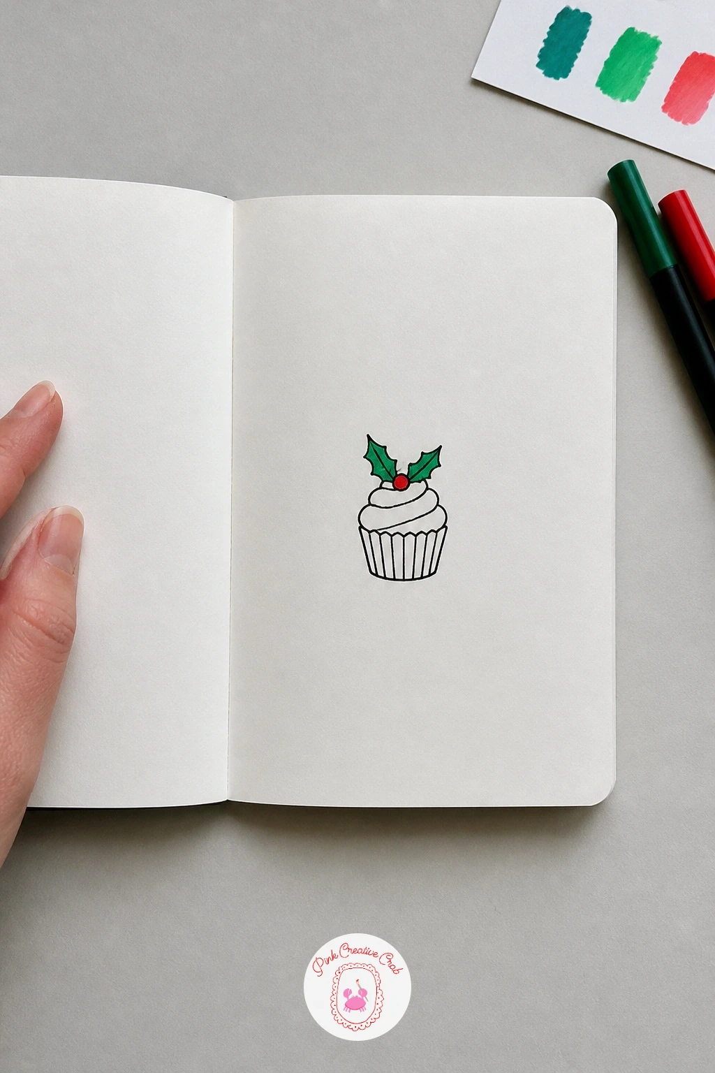 Cupcake With Holly — Carry that cozy food mood into a cupcake with holly, another simple object built from stacked shapes. Christmas card doodles