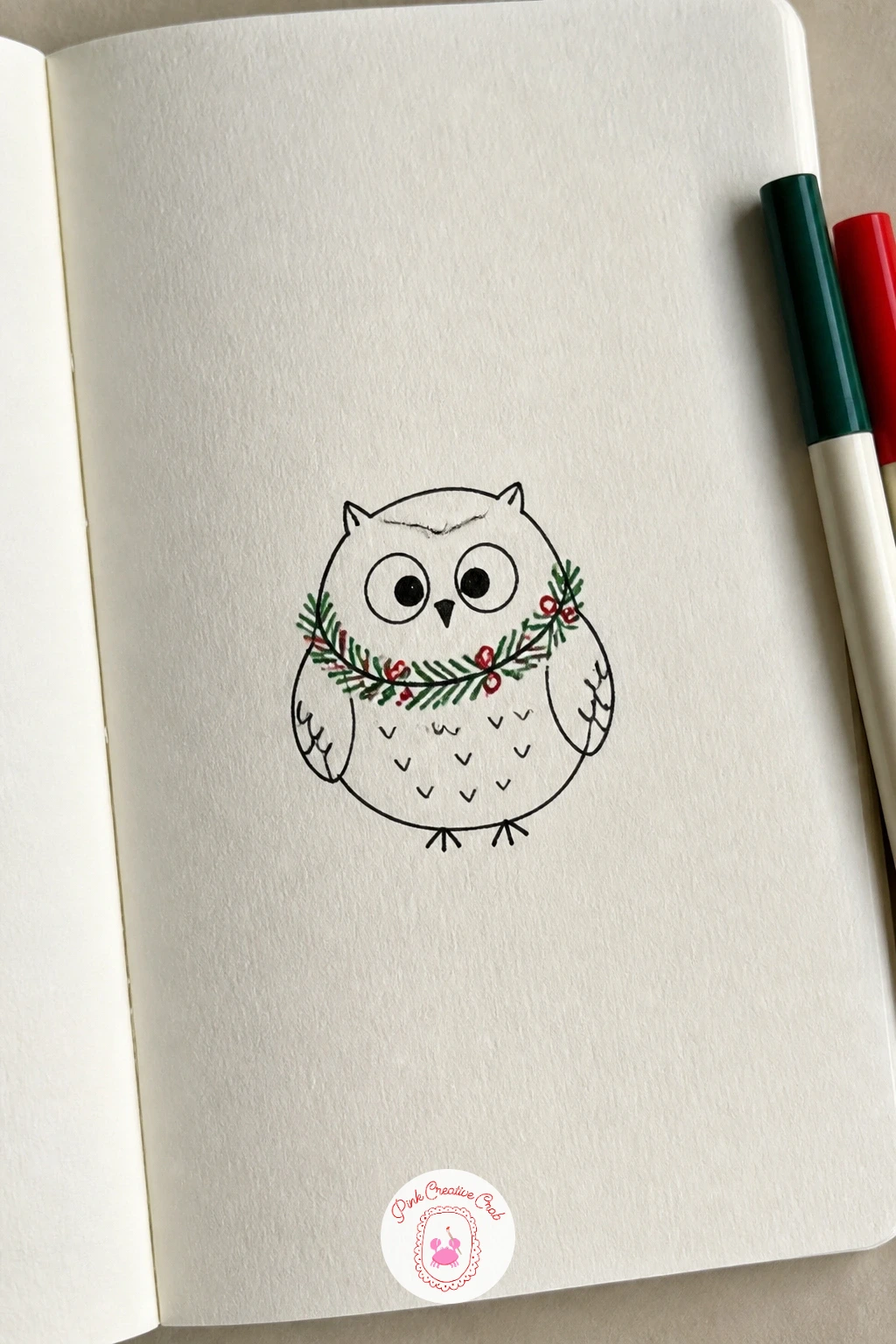 Owl With A Wreath — Give that wreath shape a second job in an owl with a wreath, this time worn rather than sat on. Christmas card doodles