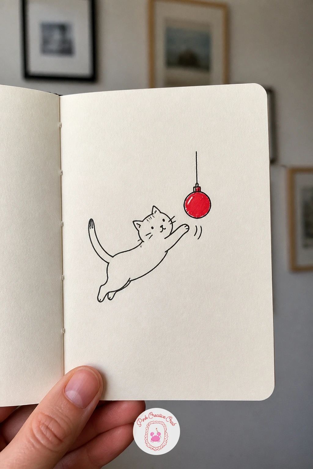 Cat Batting A Bauble — Give that same cat some energy in a cat batting a bauble, a doodle built around a single moment of motion. Christmas card doodles