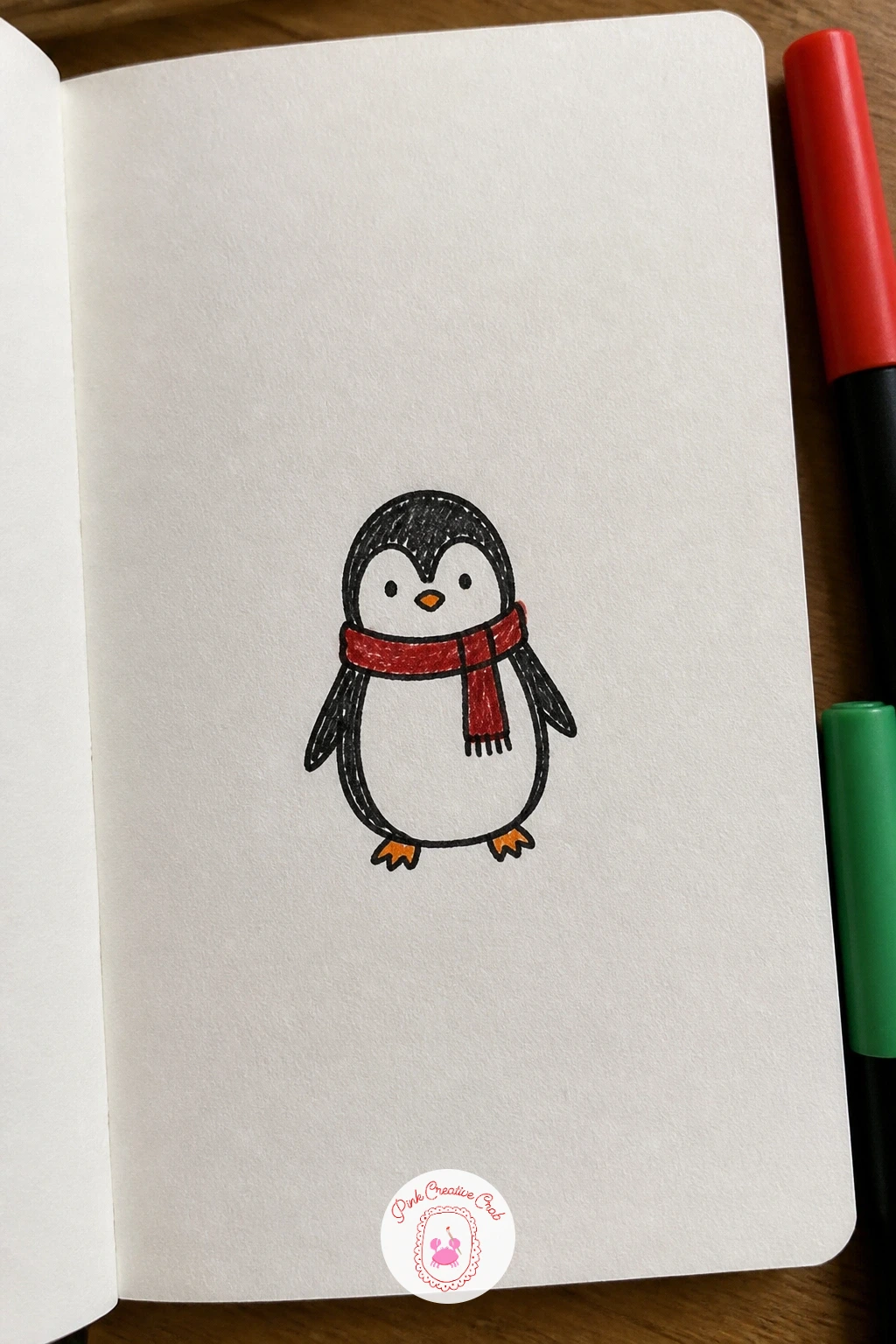 Penguin With A Scarf — Move to the cold-weather crowd with a penguin with a scarf, a shape almost every hand finds easy. Christmas card doodles