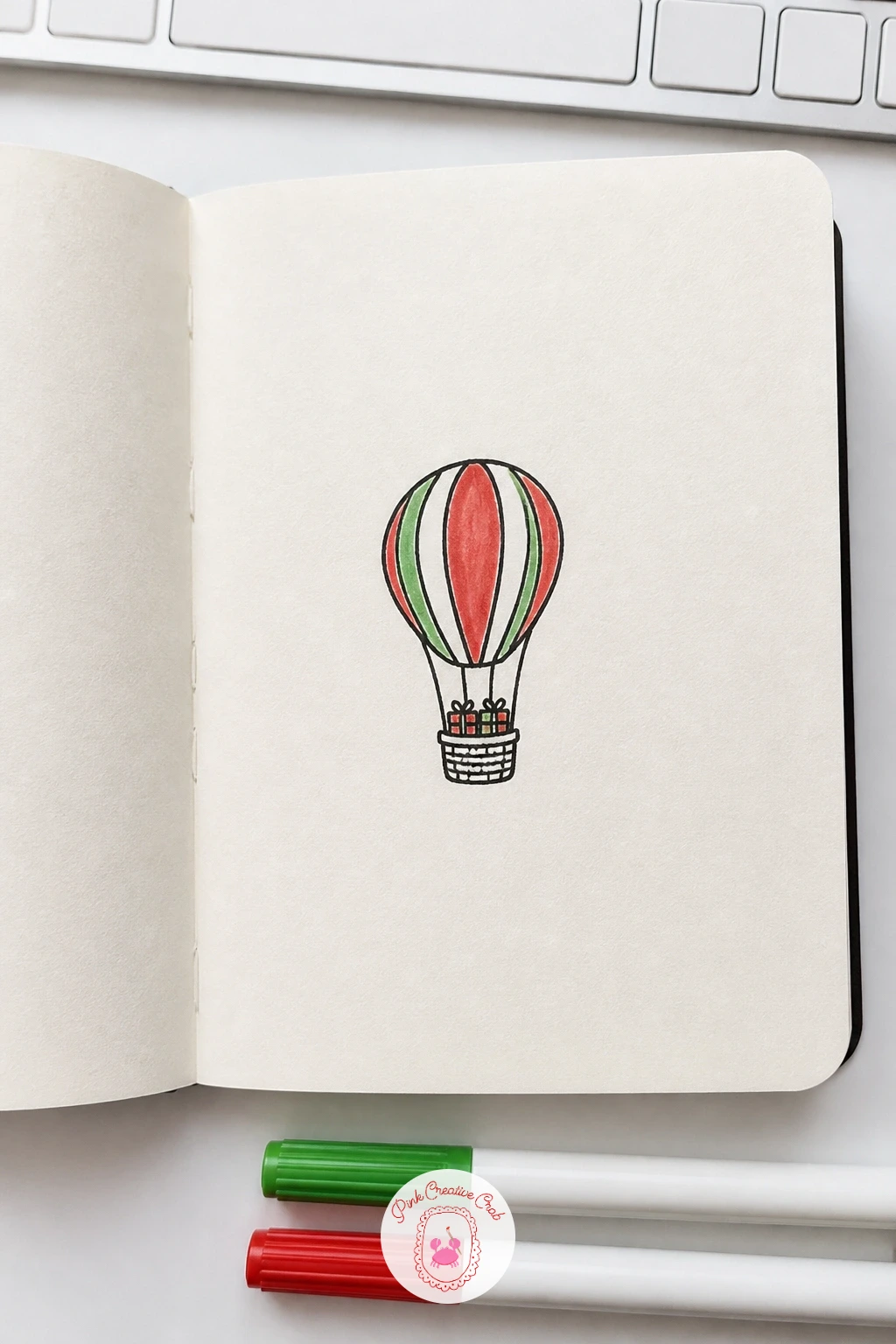 Hot Air Balloon With Presents — Take the scene upward with a hot air balloon with presents, a doodle that leans on one big shape and a basket of small ones.