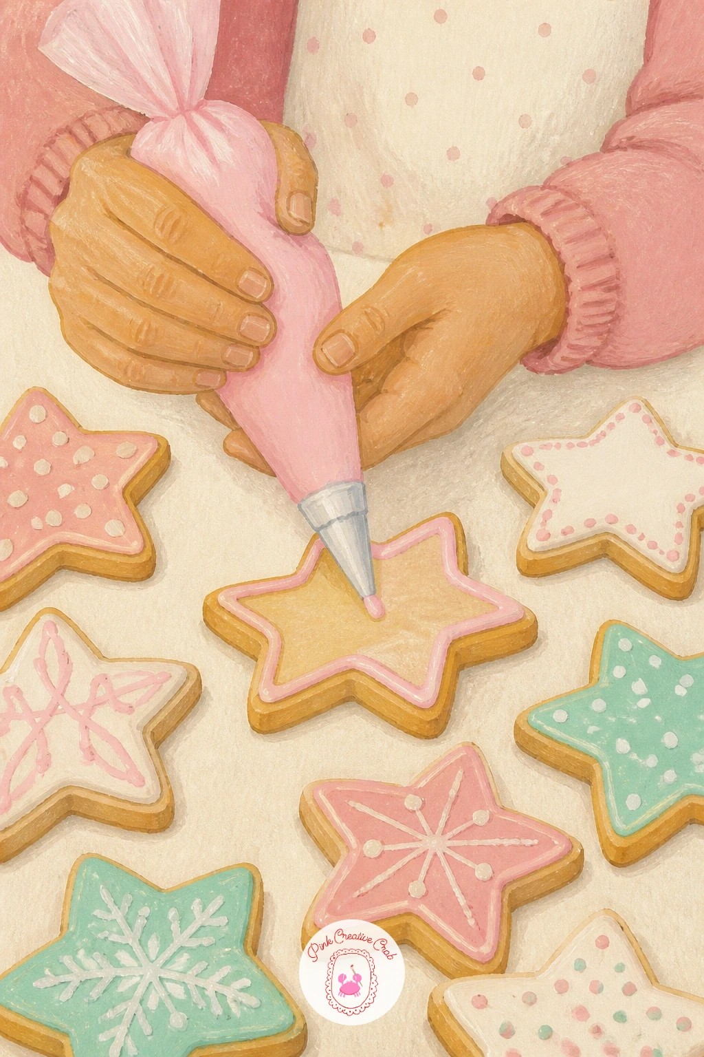 Girl Icing Star Cookies — Start with the simplest scene on this list: a girl icing star cookies in pastel pink, seen from above or across the table so her