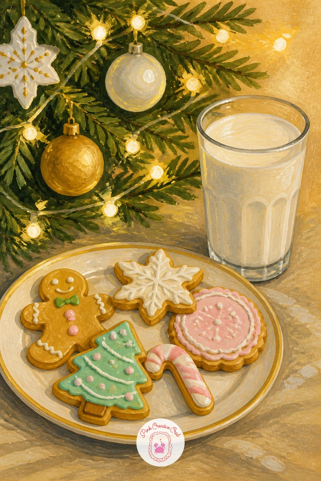 Plate of Cookies and Milk by the Tree — Move next to a quieter scene: a plate of cookies and milk left by the tree, glowing under string lights. Christmas