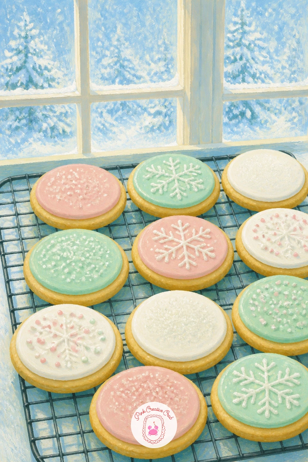 Sugar Cookies Cooling on a Rack — Sugar cookies cooling on a rack by a frosty window gives you a chance to play with eye level. Christmas cookies drawing