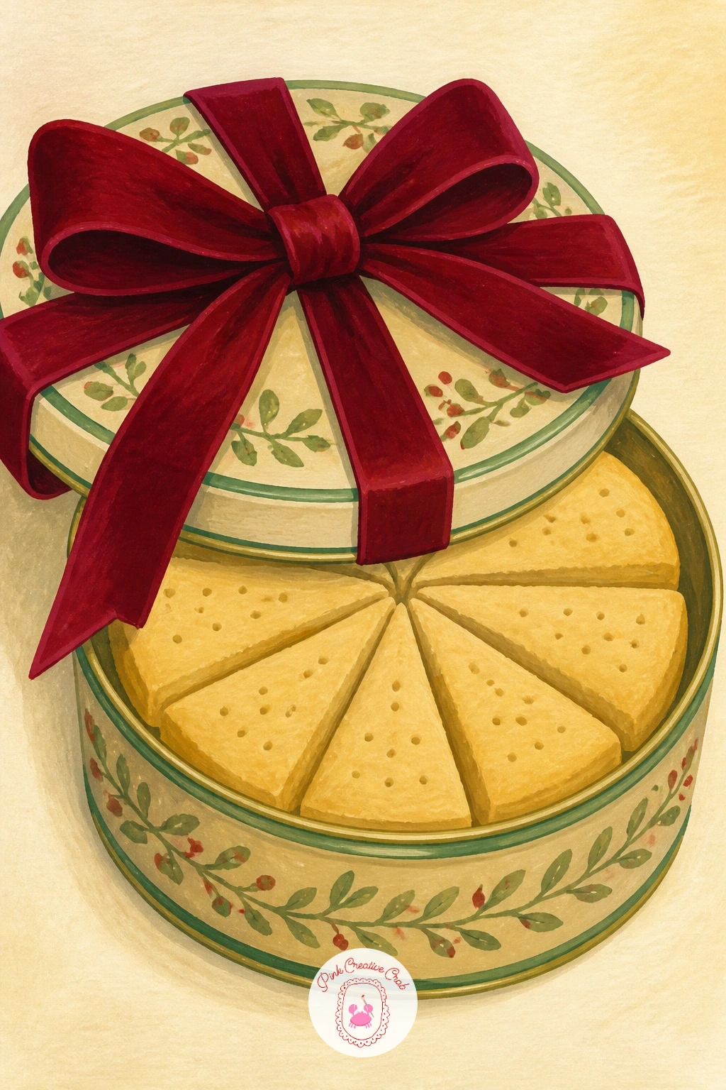 Tin of Shortbread Tied With a Velvet Ribbon — A tin of shortbread tied with a velvet ribbon moves you from cookies to a whole gift object, which means thinking