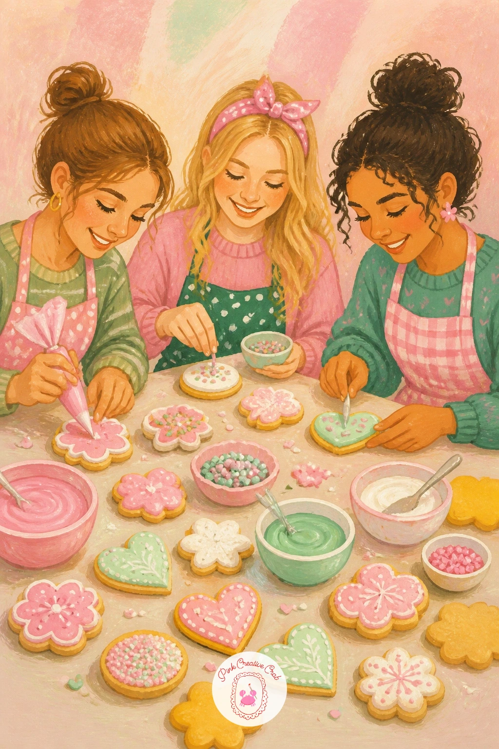 Cookie Decorating Party With Friends — A cookie decorating party with friends is the busiest scene so far, so keep the figures loose and let the cookies and