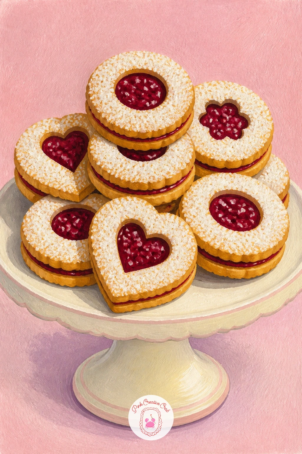 Linzer Cookies With Raspberry Jam on a Cake Stand — Linzer cookies with raspberry jam on a cake stand bring back a tighter, single object focus after the