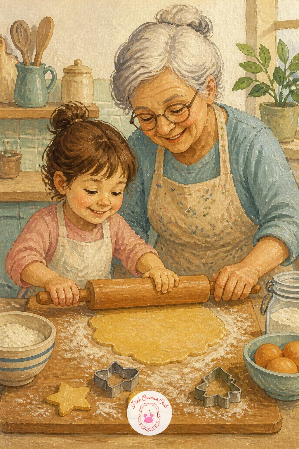 Grandmother Rolling Dough With a Child — Grandmother rolling dough with a child is the warmest story on this list, and it works best drawn from the side so